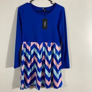 FISOUL Mini Dress Women Medium Blue Pink Chevron Long Sleeve NWT Fit & Flare